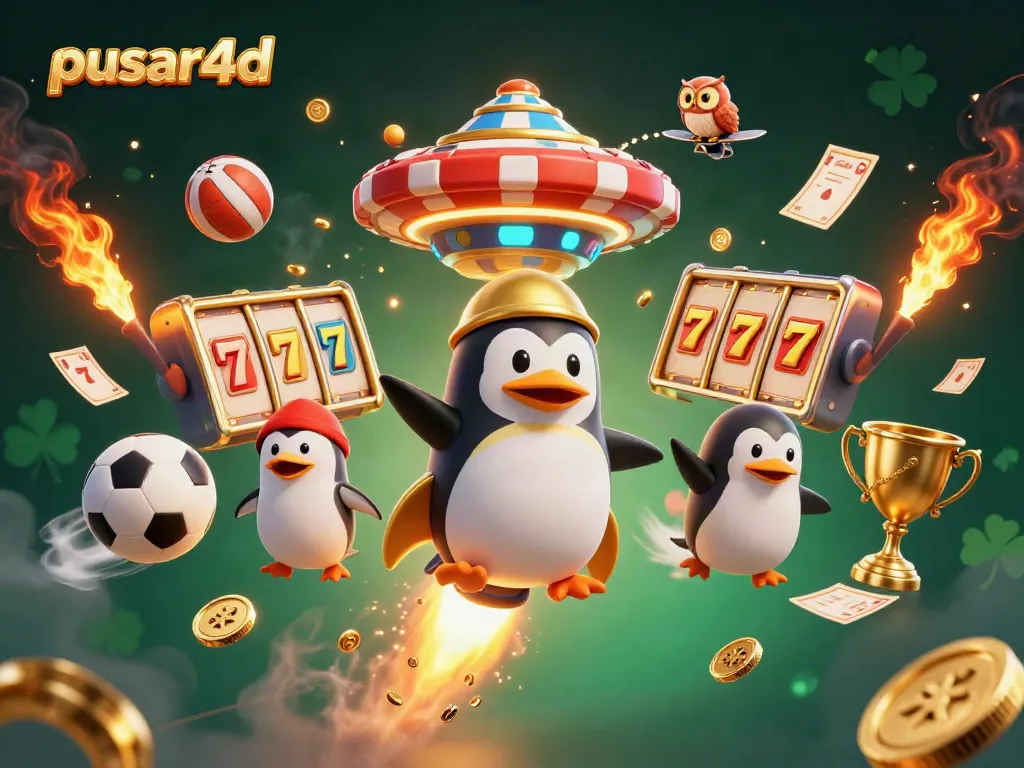 Experience the thrill of pusar4d in this vibrant, illustrated space scene with a golden penguin and gaming elements.