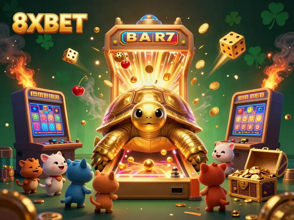 Spin to win with 8XBET's playful casino-themed tortoise and vibrant slot machine scene.