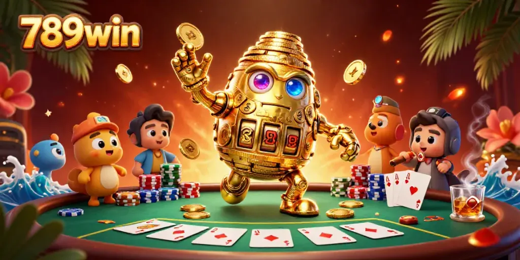 Experience the thrilling magic of 789win as a golden golem along with poker games and vibrant elements collide.