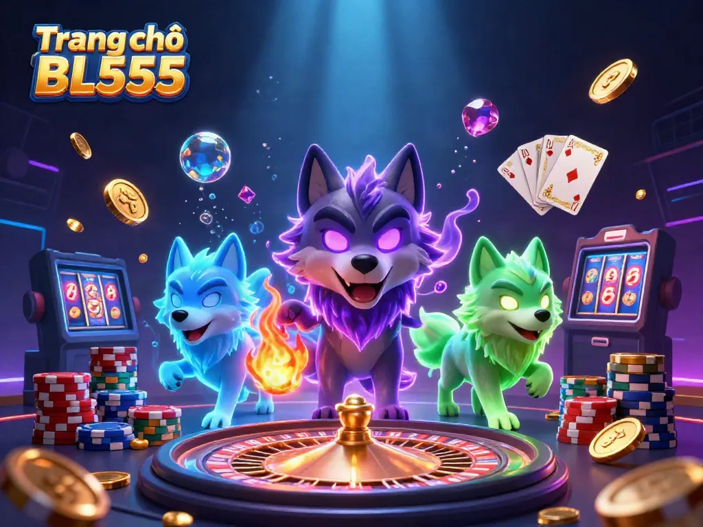 Experience thrilling gaming on Trang chủ BL555 with vibrant illustrations of roulette wheels and glowing cards.