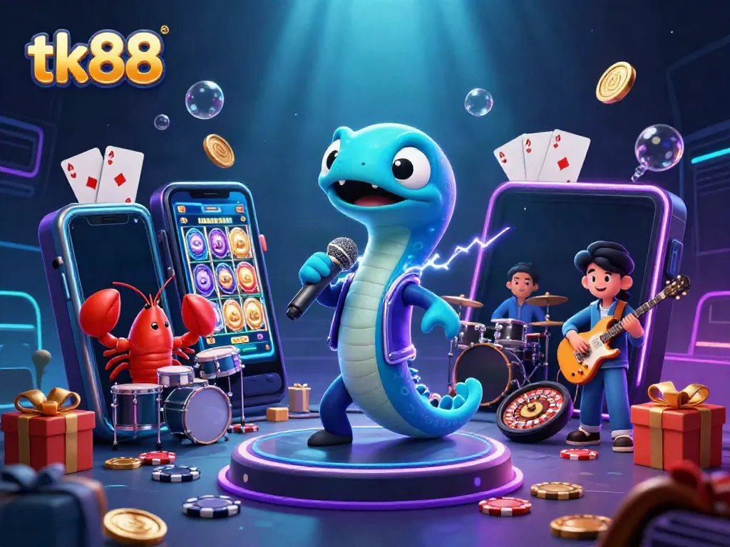 Engage with the vibrant world of tk88 as an electric eel DJ performs on an underwater casino stage.