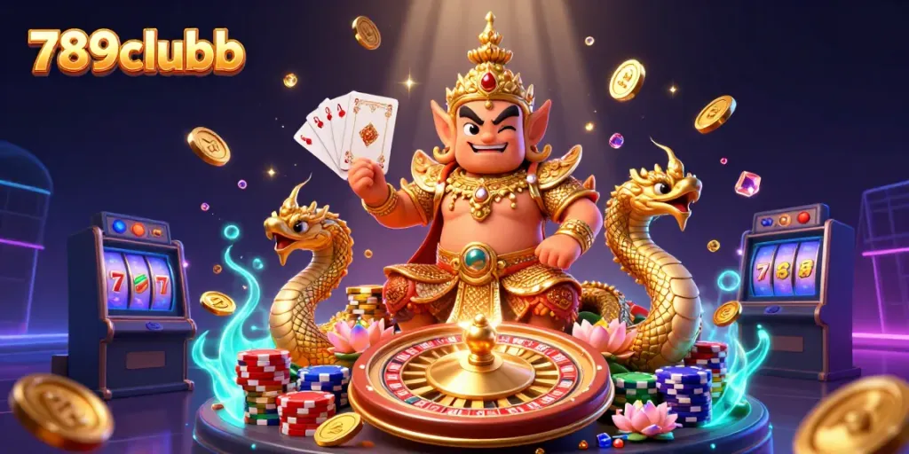 Engage with 789clubb excitement in a vibrant 3D casino scene filled with golden coins and gaming elements.