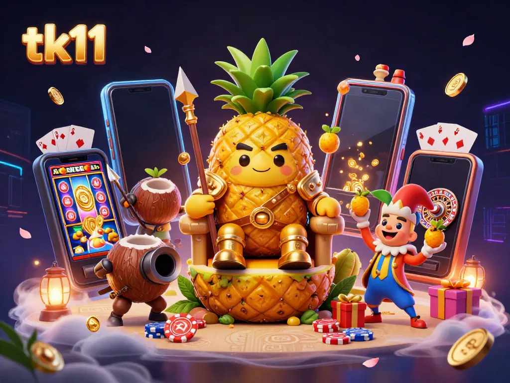 Engage with the vibrant tk11 gaming scene filled with a golden pineapple king, casino elements, and animated excitement.