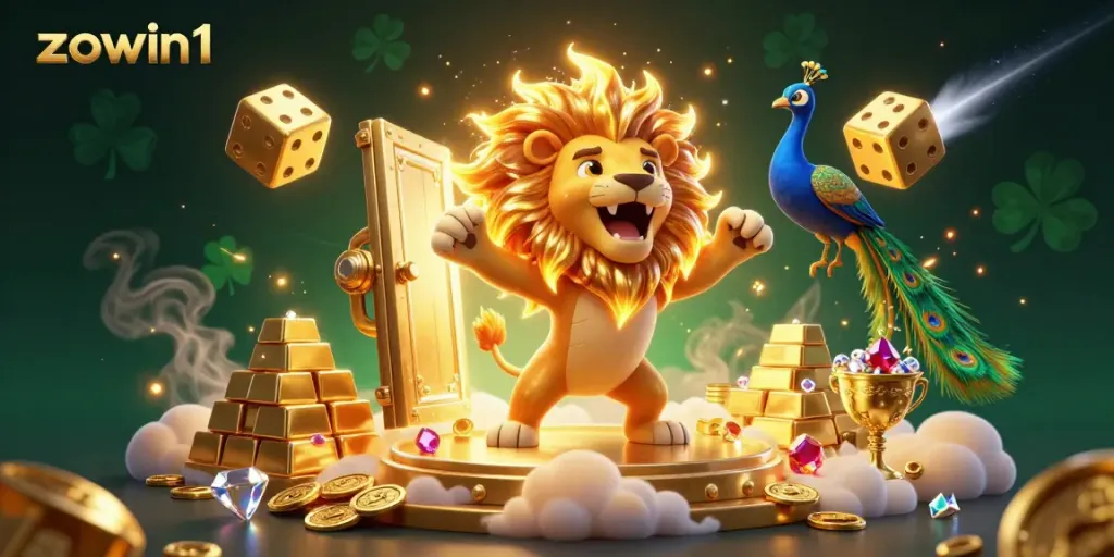 Experience thrilling gameplay with zowin1 at an exhilarating casino scene featuring golden treasures and colorful characters.