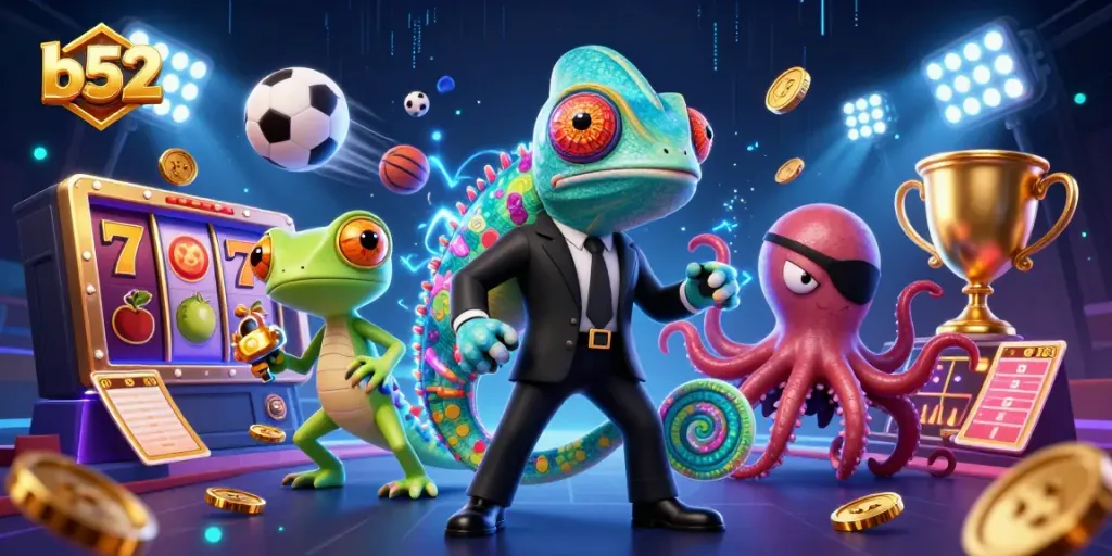 B52 gaming experience featuring vibrant characters and dynamic casino elements like slots and sports.