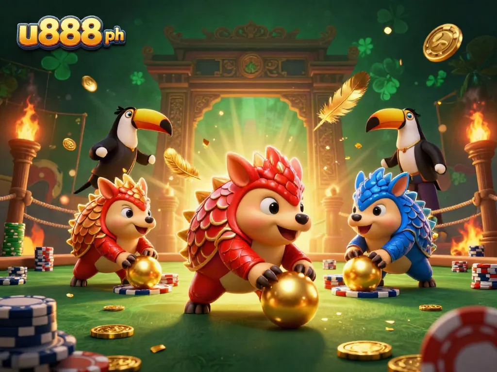 Experience thrilling gameplay at u888 ph with pangolin mascots competing in a vibrant casino scene.