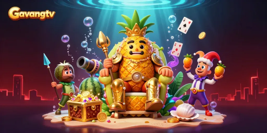 Experience live sports betting excitement with Gavangtv at a tropical beach casino, featuring dynamic characters and vibrant elements.