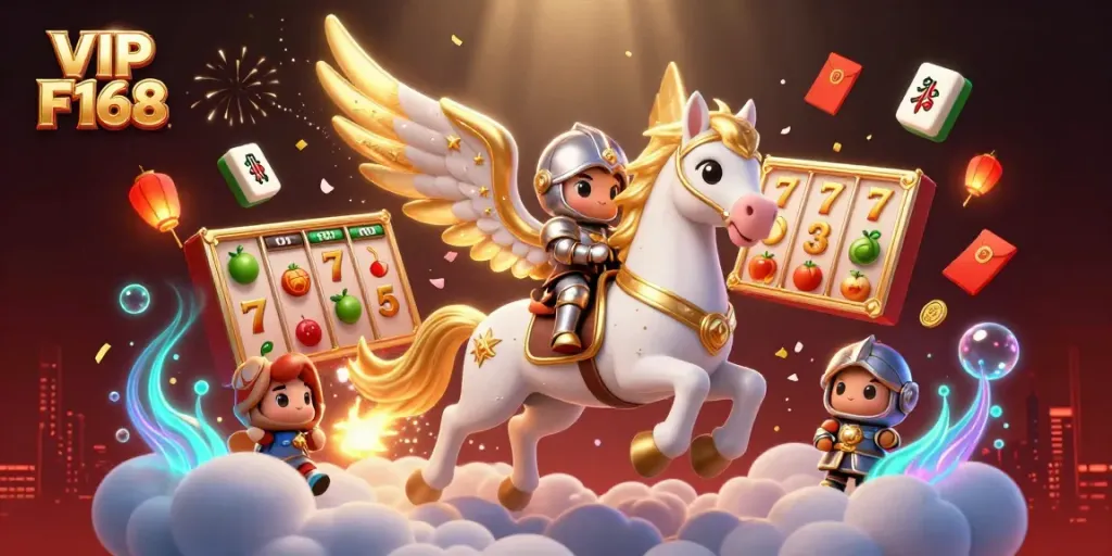 Experience the excitement of VIP F168 with a lively scene featuring a celestial horse, knight, and dynamic casino elements.