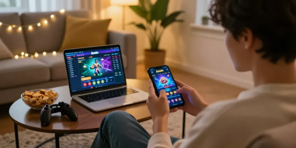 Exciting online gaming scene showcasing Sunwin app engagement at home.