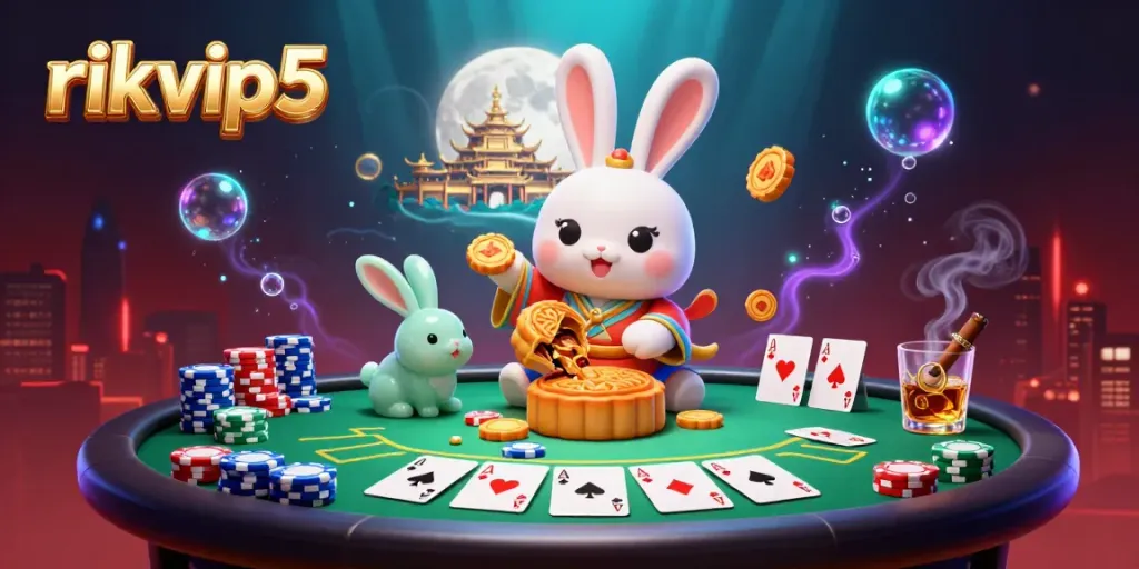 Experience the thrilling action at rikvip5 as the moon rabbit reveals hidden poker chips in a vibrant casino scene.
