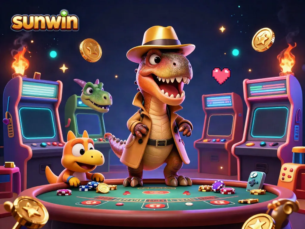 Engage in thrilling gameplay at Sunwin with adorable dinosaur characters in a vibrant casino setting.