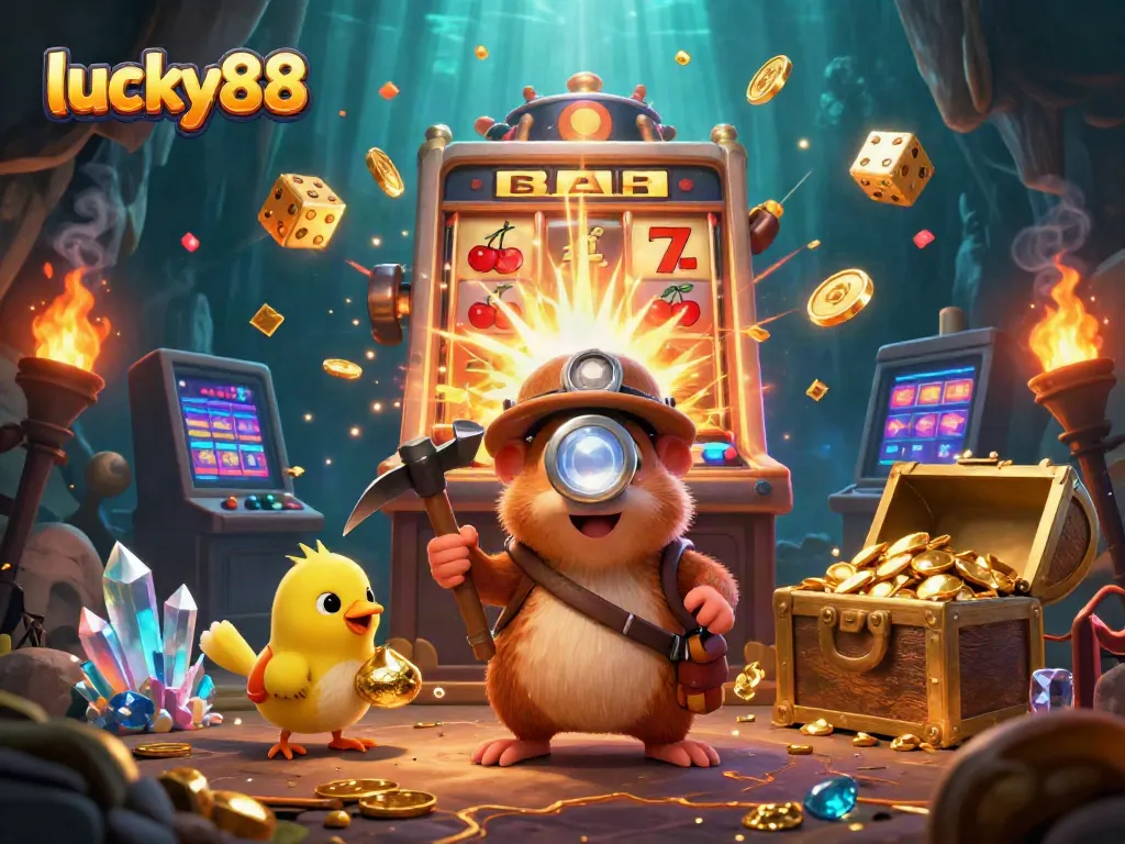 Experience thrilling gameplay dynamics with lucky88 in a vibrant 3D scene of treasures and casino excitement.