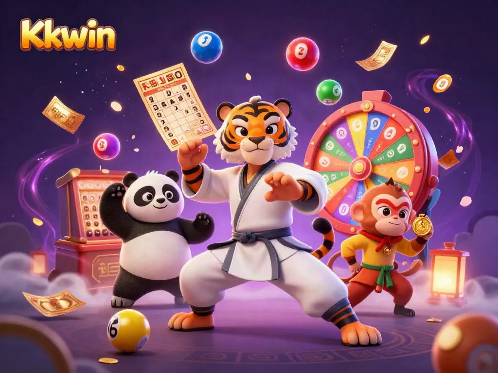 Engage with Kkwin as a tiger master guides players through a dynamic lottery scene filled with vibrant colors.