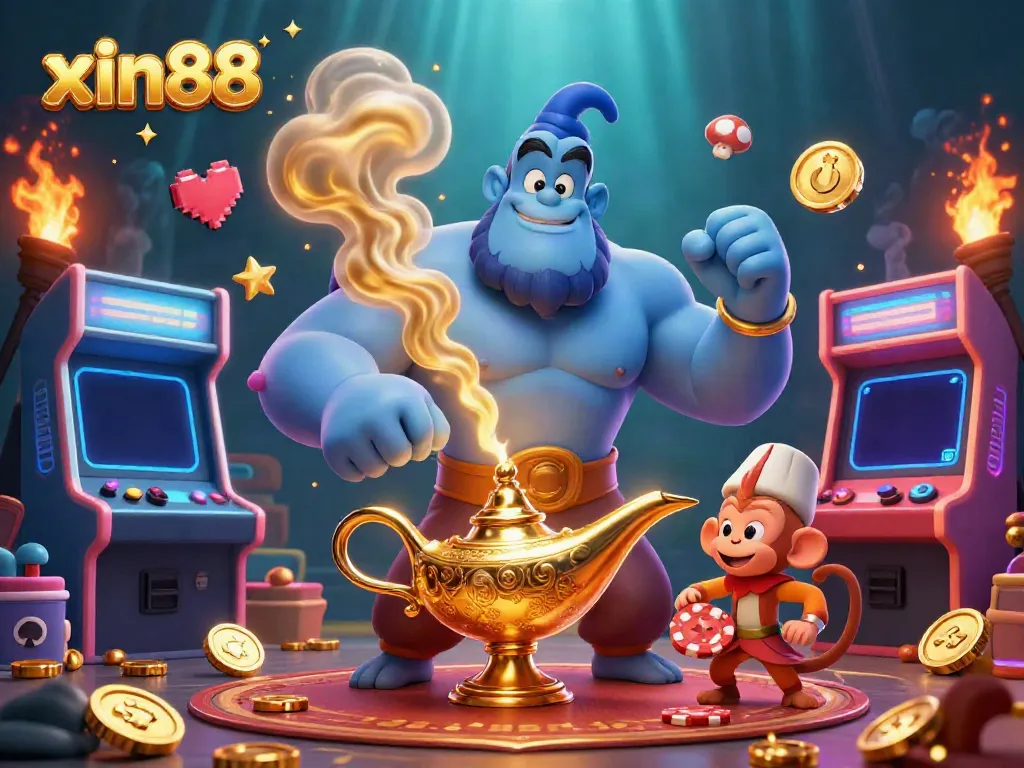 Experience the vibrant world of xin88 with a playful genie and monkey among casino-themed elements.