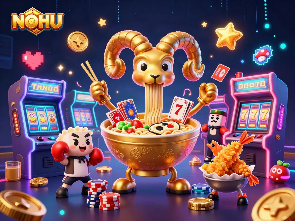 NOHU shows a vibrant scene of a giant ramen bowl character dealing cards with colorful casino elements, creating a lively gambling atmosphere.