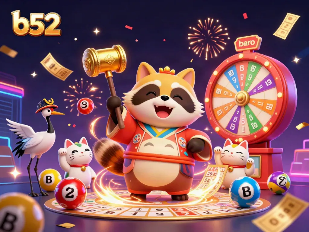 Celebrate wins at b52 casino with vibrant characters, lucky symbols, and dynamic gaming elements.