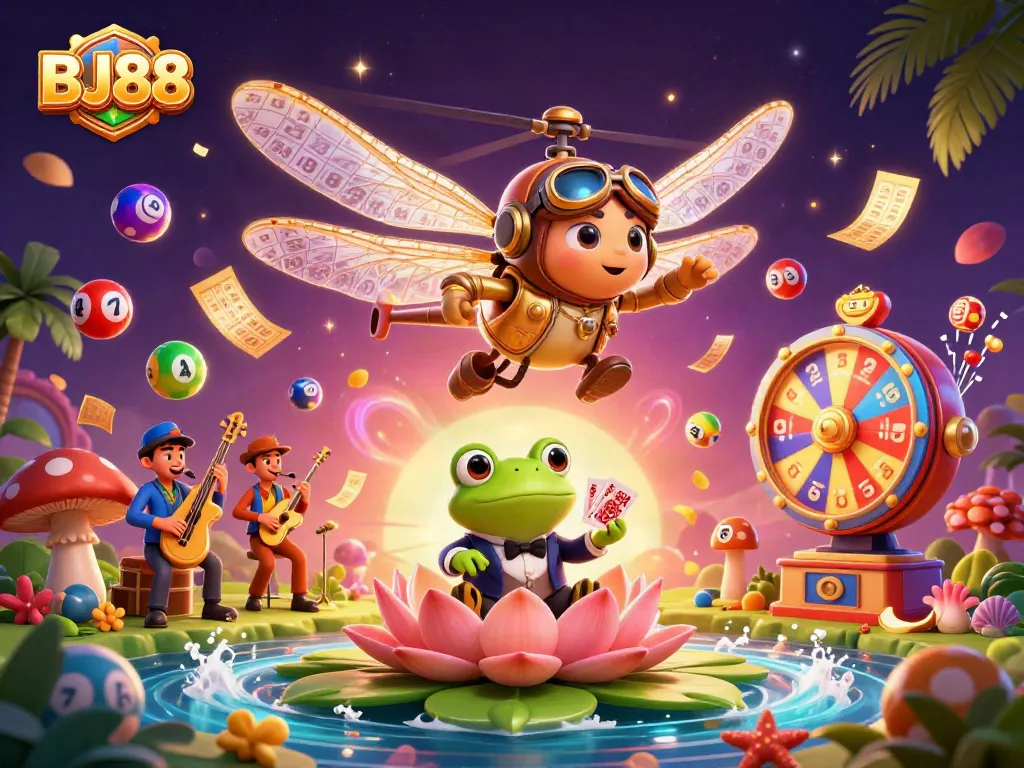 Experience the excitement of BJ88 as a dragonfly pilot hovers over a lily pad casino with vibrant game elements.