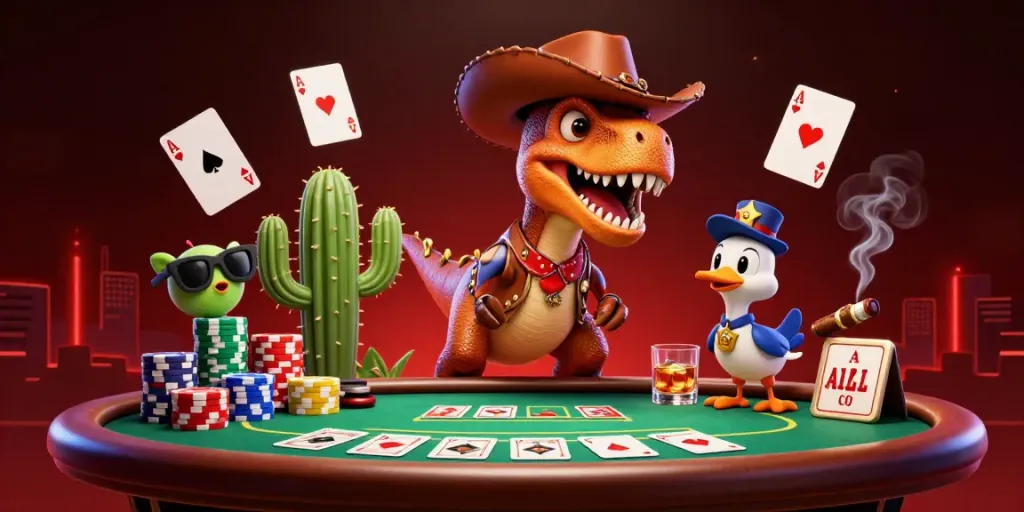 Gali banyak peluang menang situs toto dengan dinosaur cowboy dan karakter unik lainnya di permainan poker.