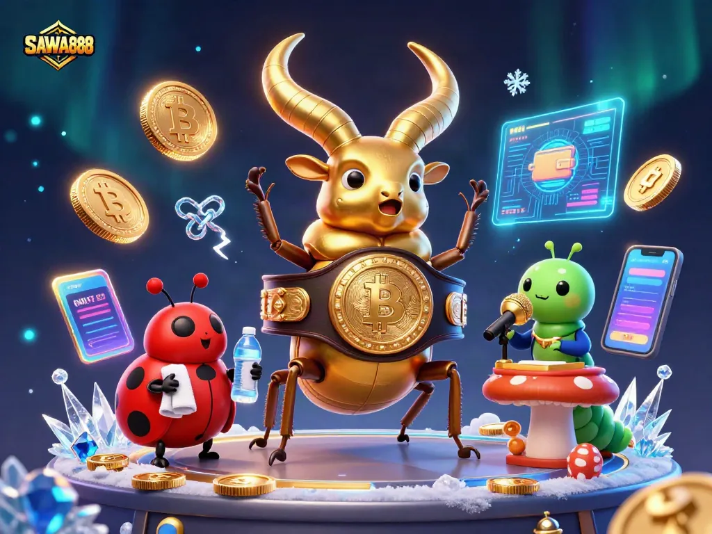 SAWA888 showcases a boxing beetle champion in a vibrant casino scene, embodying thrilling gameplay.