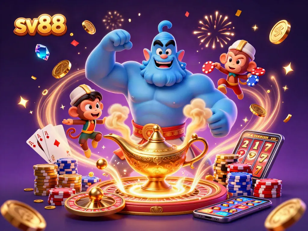 Experience thrilling gaming strategies with sv88 through a vibrant illustration of a genie and magical casino elements.