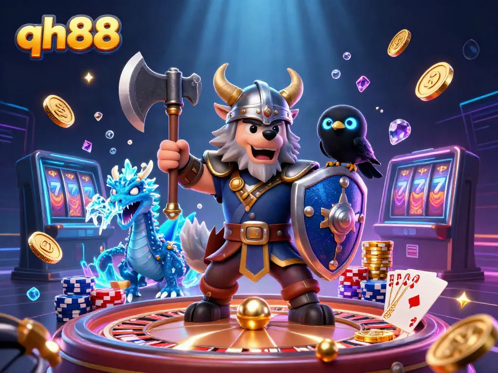 Win big at qh88 with an exciting 3D illustration featuring a Viking warrior, dragon, and casino elements.