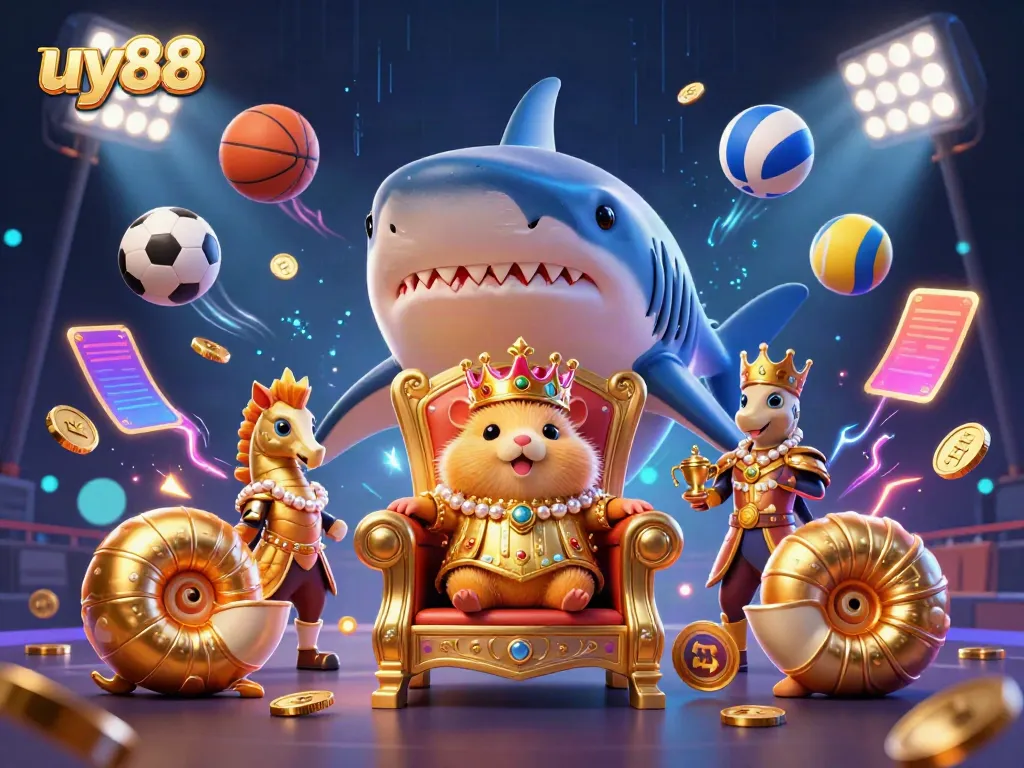 Experience the thrill of winning with uy88’s vibrant online gaming scene featuring a golden hamster king on a megalodon throne.