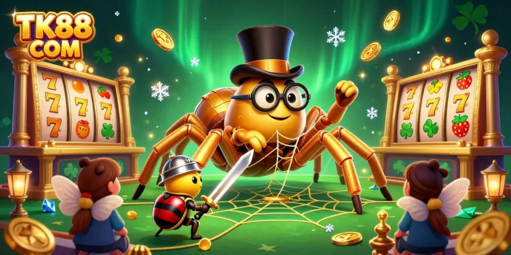 Engage with thrilling slot action at TK88 COM featuring a 3D golden tarantula and unique knight.