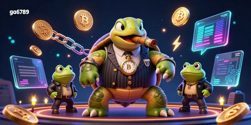 Engage in thrilling gaming at ga6789, represented by a snapping turtle mobster amidst crypto treasures.
