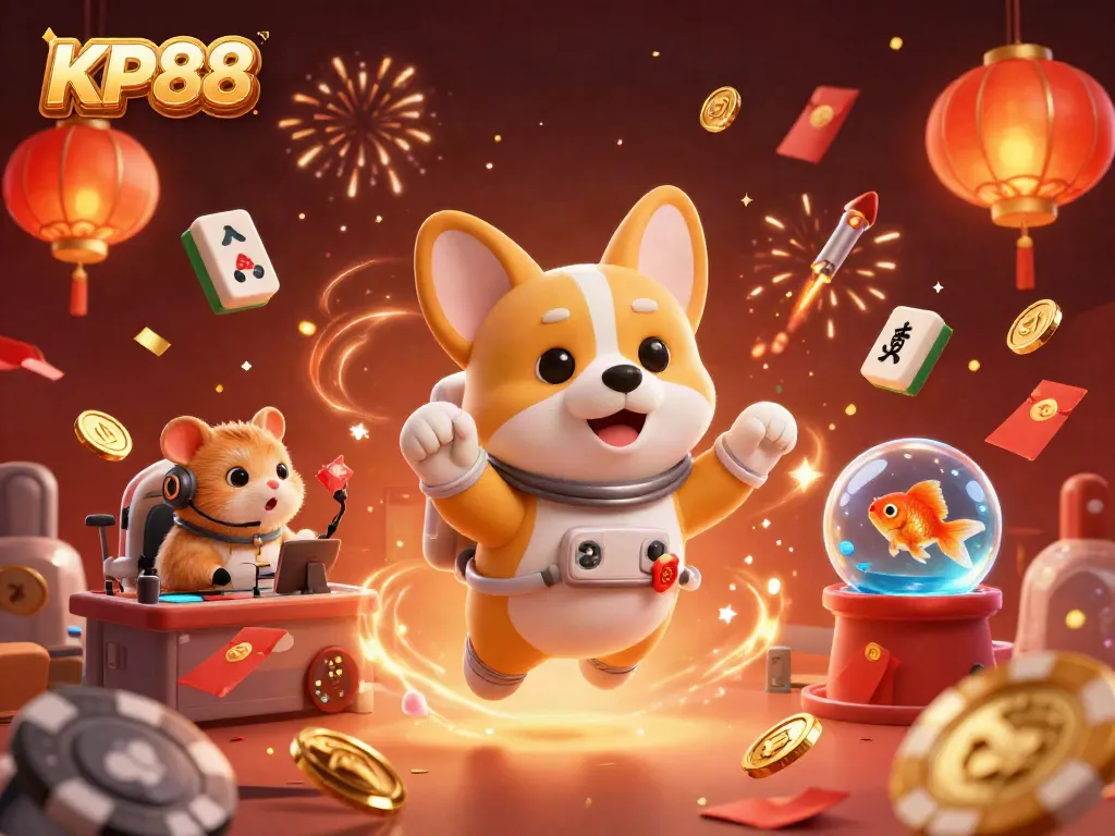 Engage with KP88's vibrant casino universe, showcasing a floating astronaut corgi amid gold coins and festive elements.