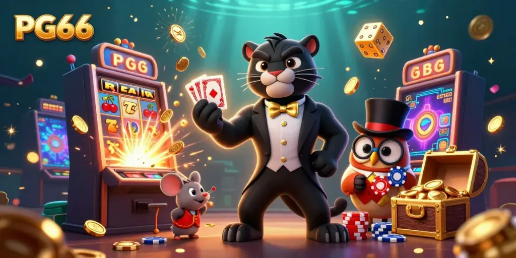Experience PG66 excitement with a stylish panther dealer, charming owl, and lucky mouse amidst vibrant casino elements.