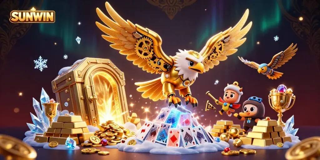Experience thrilling wins at SUNWIN with this dazzling illustration of a cybernetic eagle diving through casino cards.