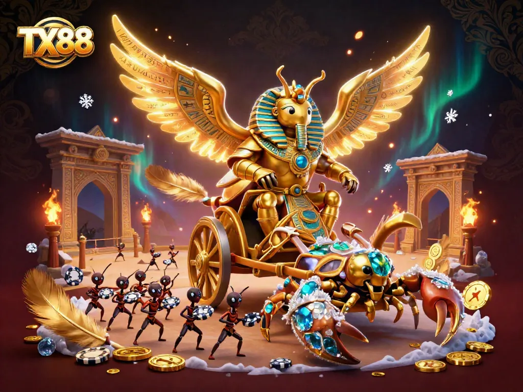 Engage in exhilarating gaming with TX88's golden scarab beetle in a vivid casino scene.