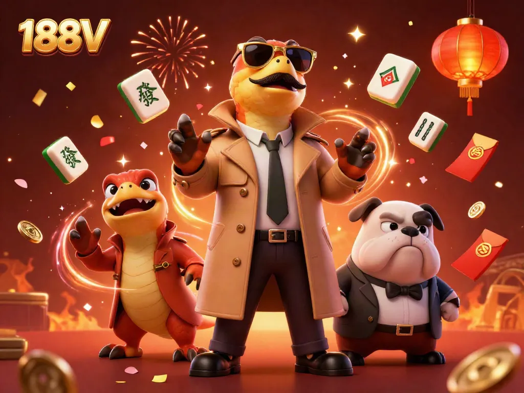 Experience 188V's vibrant casino atmosphere with raptors in disguise and festive gambling elements.