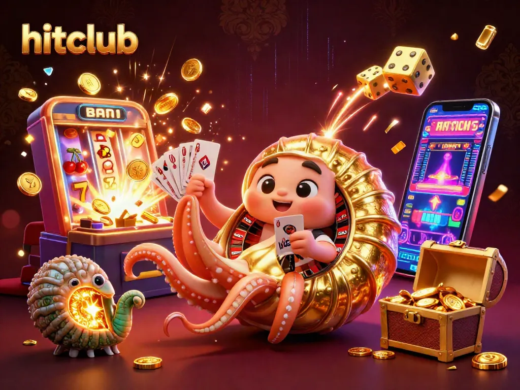 Hitclub players enjoying a vibrant 3D casino experience with a nautilus roulette wheel and lively slot machine action.