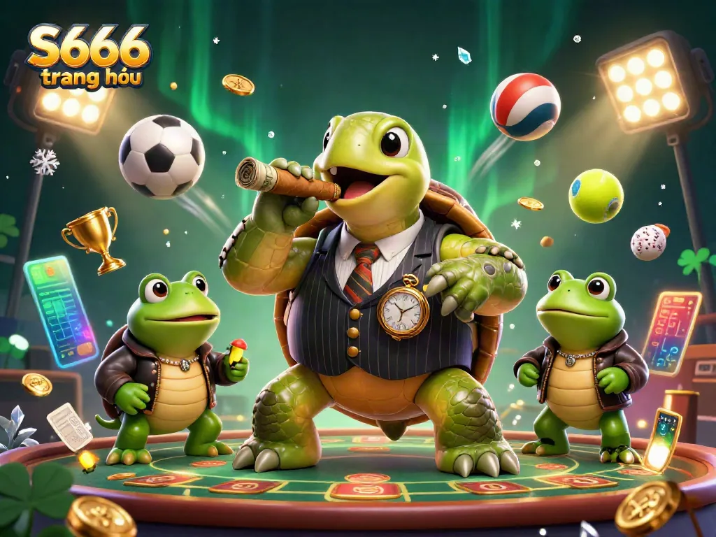 S666 trang chủ showcases a lively 3D casino scene with a turtle in mobster attire and frogs, surrounded by dynamic sports elements.