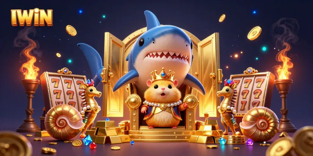 IWIN casino scene showcasing a golden hamster king on a megalodon throne surrounded by treasure and gaming elements.