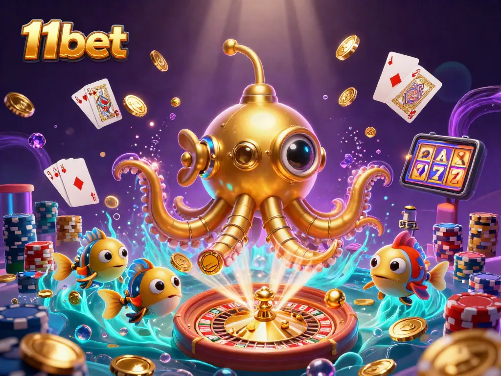 Experience the thrilling world of 11bet with golden kraken and dynamic casino elements in a vibrant scene.
