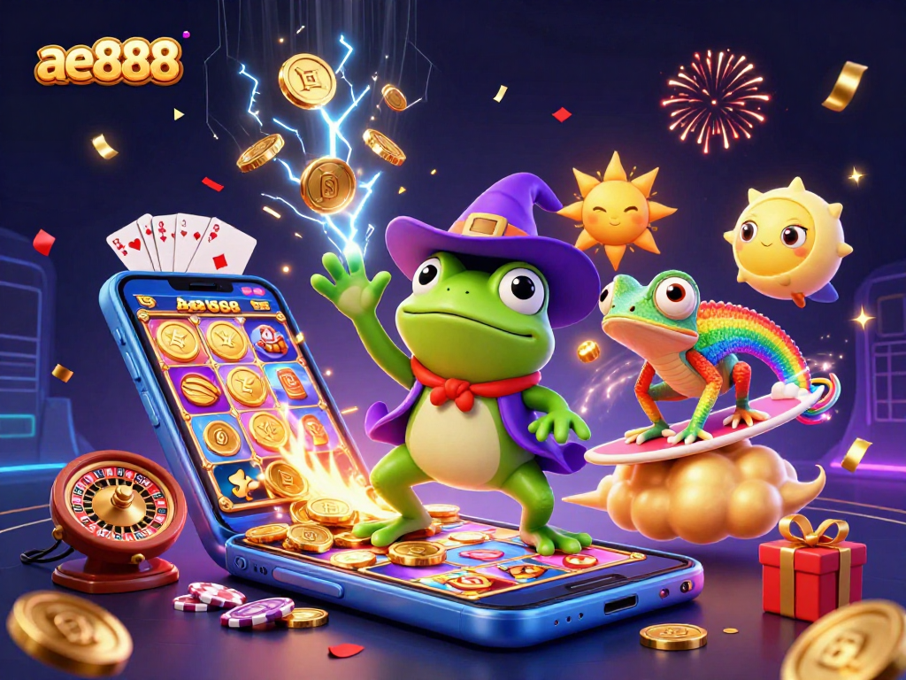Ae888 showcases an exciting 3D gaming scene with golden coins flowing, vibrant characters, and slot game elements.