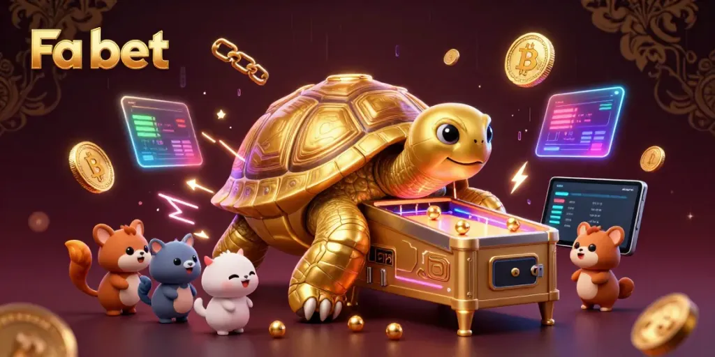 Engage with Fa bet at this lively casino scene showcasing a golden tortoise pinball and excited animals.
