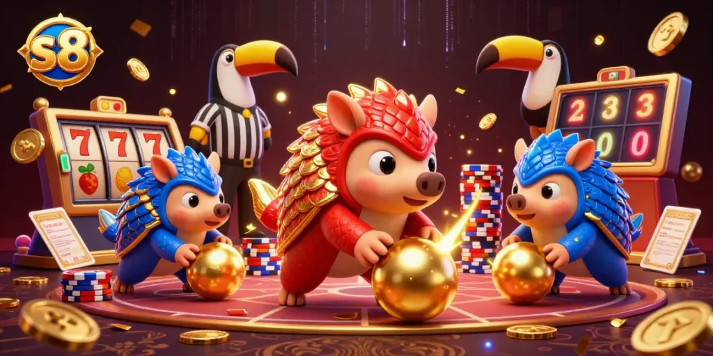 S8 slots showdown featuring rival pangolins rolling through poker chips and winning big.