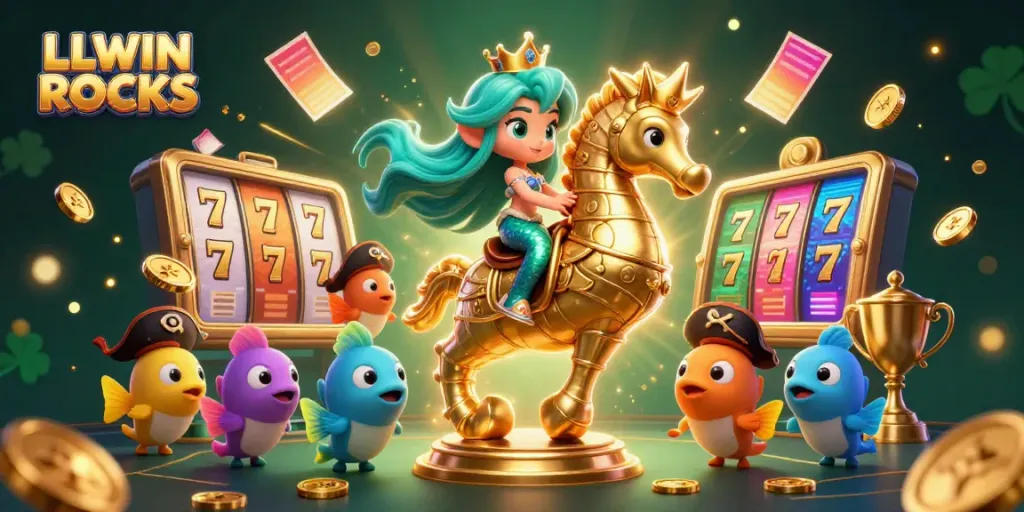 Engage in exciting gameplay with LLWIN ROCKS showcasing a vibrant casino scene featuring a mermaid princess and a golden seahorse.