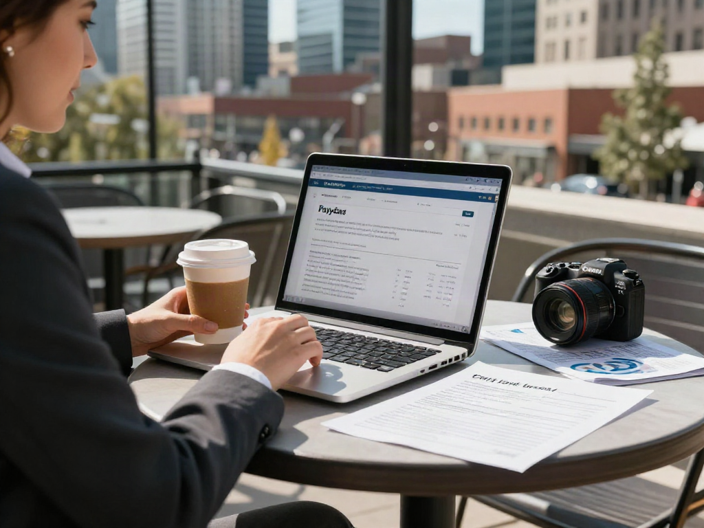 Individual analyzing payday loans data at a café in Calgary, showcasing a modern finance lifestyle.