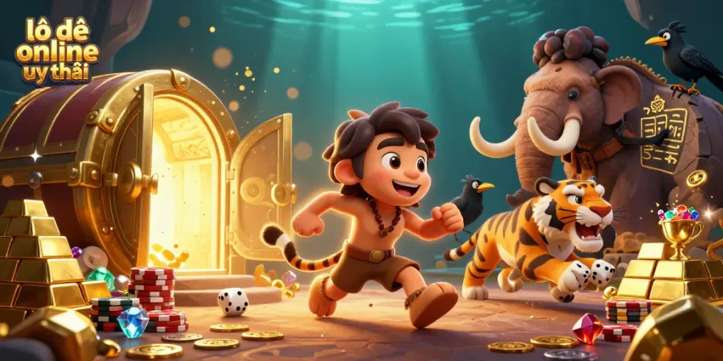 Experience exciting lô đề online uy tín with vibrant caveman casino scene featuring treasures and playful characters