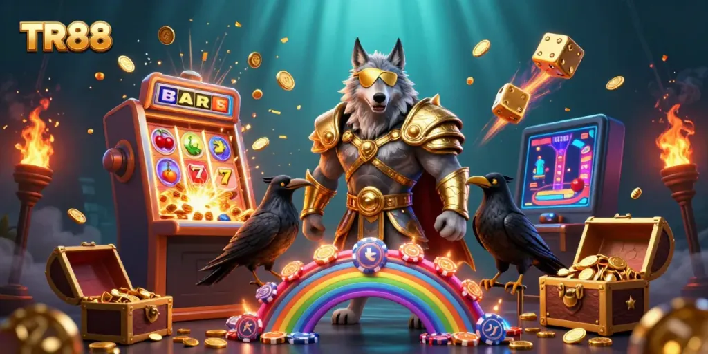 Win big with TR88 in a vibrant, cartoon-inspired 3D casino fantasy featuring Odin, ravens, and a jackpot.