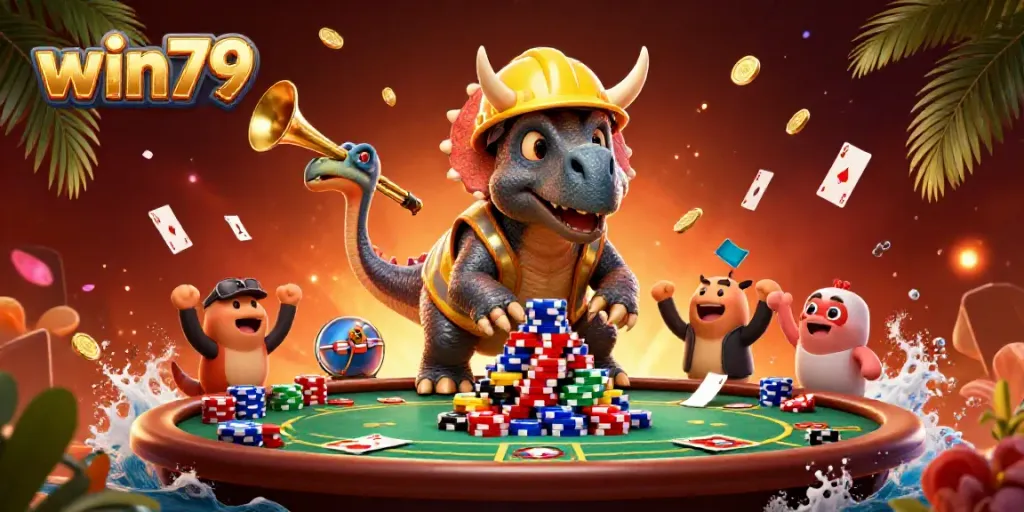 Engage with win79 as a triceratops and friends celebrate casino wins, surrounded by vibrant gaming elements.