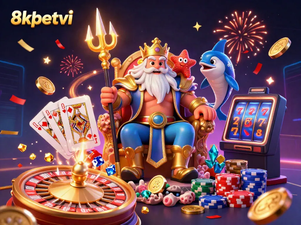 Experience the excitement of 8xbetvi with a vibrant casino scene featuring Neptune and treasure.