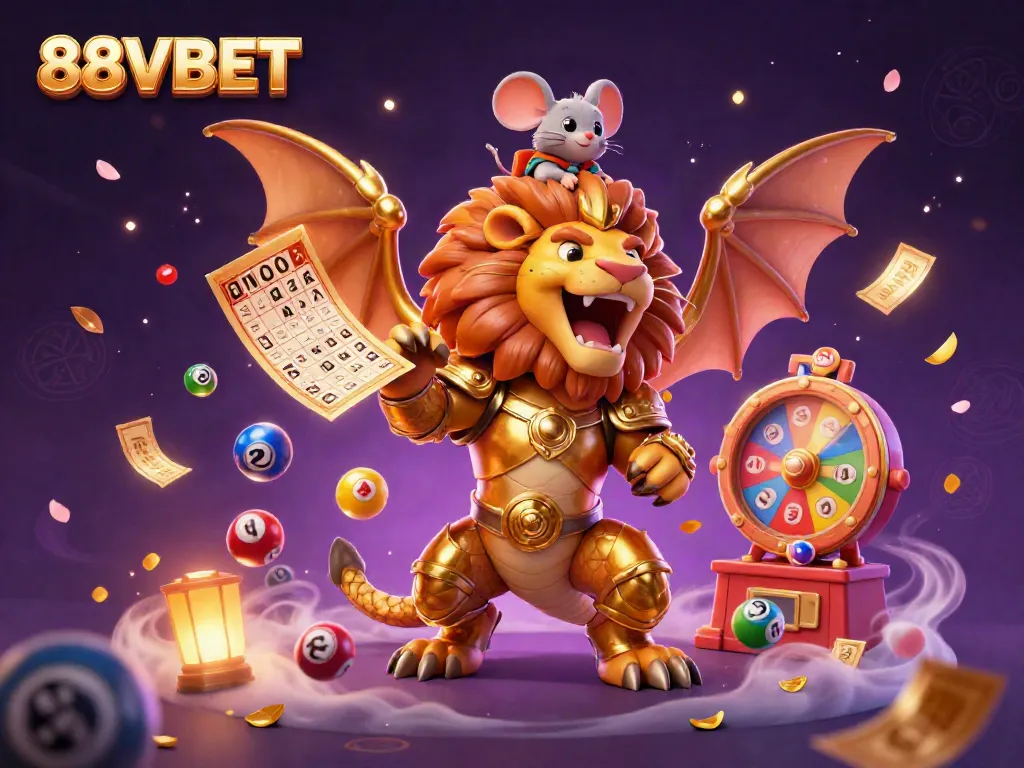 Experience thrilling gameplay at 88VBET with vibrant lottery balls and a roaring chimera.