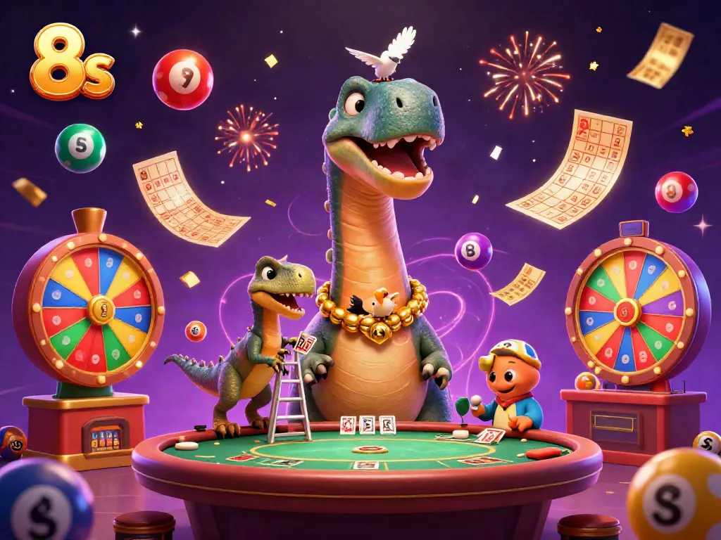 Experience the thrill of 8s in this vibrant 3D casino scene with dynamic characters and colorful game elements.