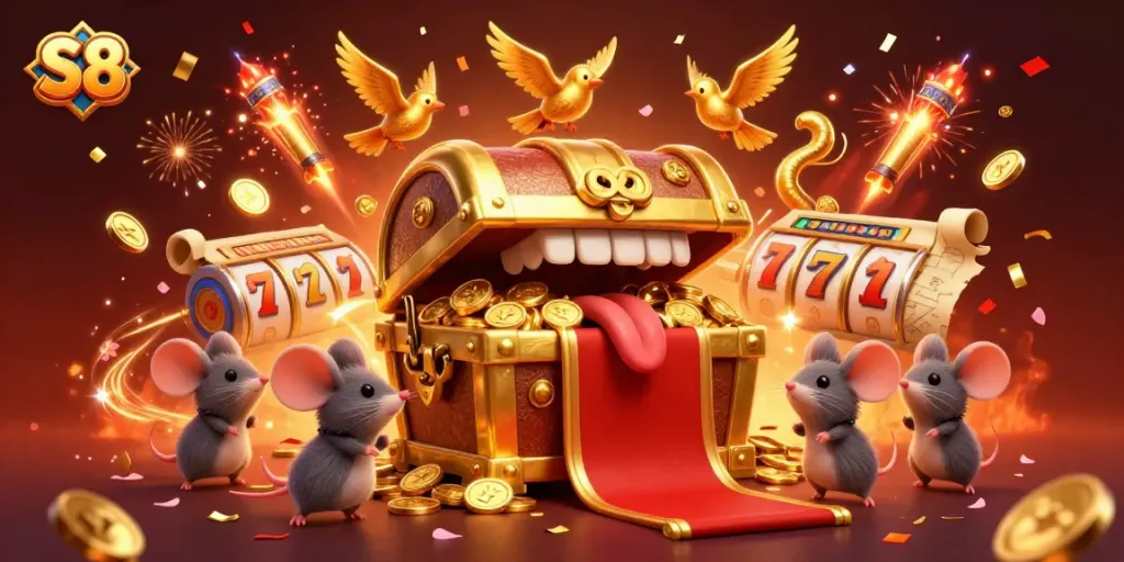 Gamblers enjoy winning at S8 with a golden treasure chest surrounded by slot reels and festive elements.
