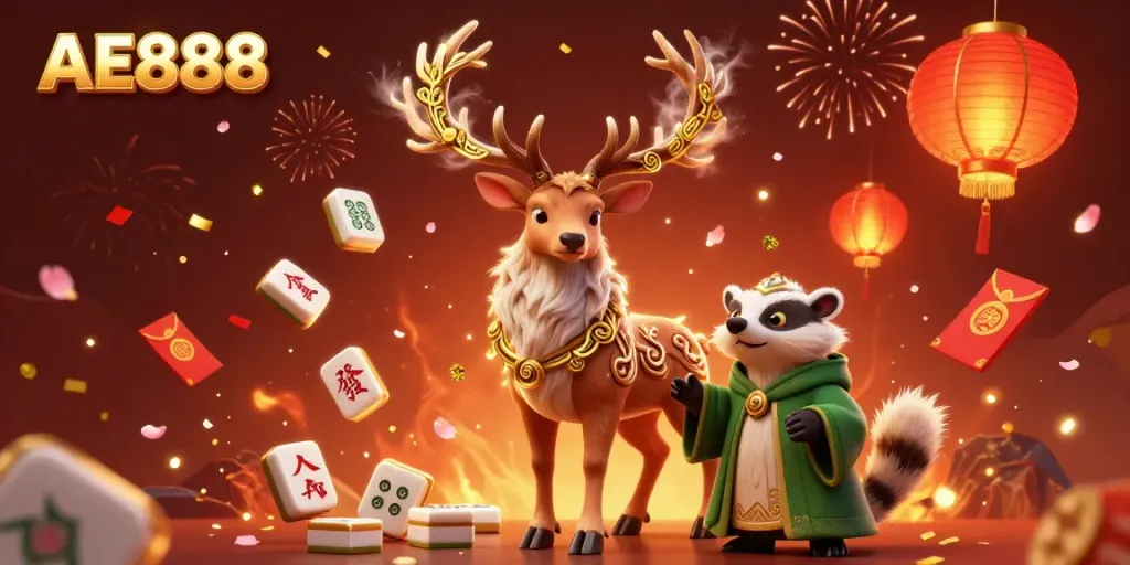 Engage with thrilling AE888 casino gaming, featuring a dynamic 3D illustration of Celtic characters and festive elements.